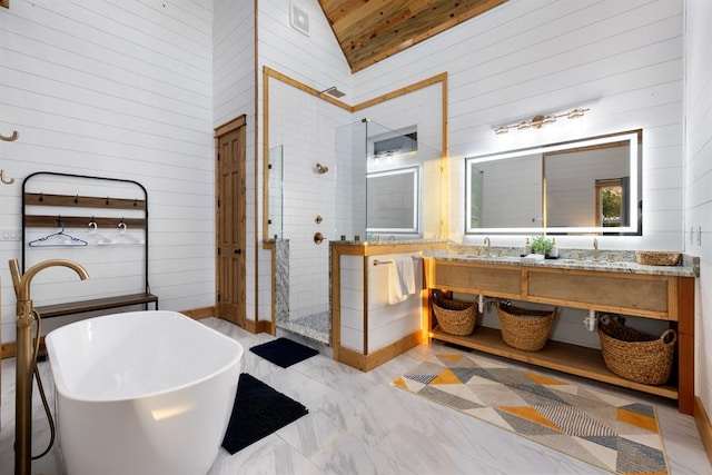 bathroom featuring wooden walls, separate shower and tub, high vaulted ceiling, vanity, and wood ceiling