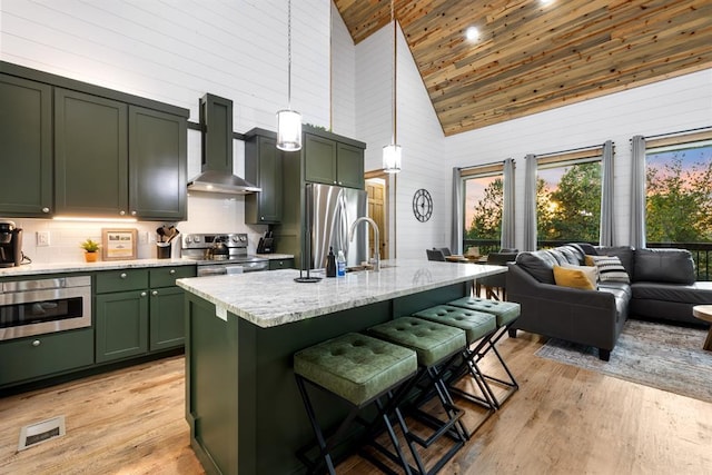 kitchen with stainless steel appliances, a kitchen breakfast bar, high vaulted ceiling, wall chimney range hood, and wood ceiling