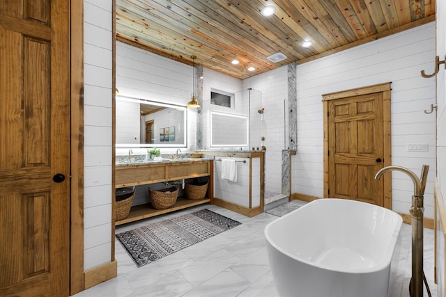 bathroom featuring vanity, wooden ceiling, wood walls, and plus walk in shower