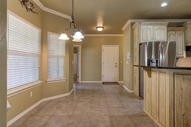 kitchen featuring crown molding, a chandelier, stainless steel fridge with ice dispenser, hanging light fixtures, and light tile patterned flooring