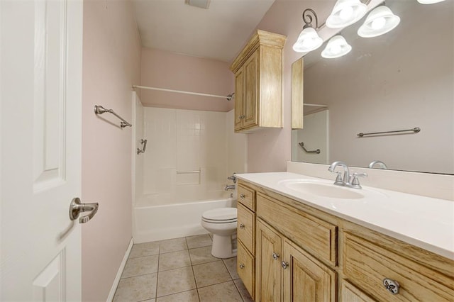 full bathroom with tile patterned floors, vanity, tub / shower combination, and toilet