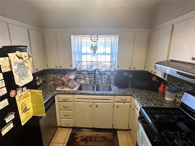 kitchen with black appliances, ventilation hood, sink, decorative backsplash, and light tile patterned floors