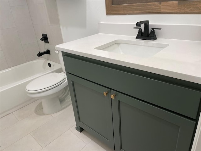 bathroom with shower / bath combination, tile patterned flooring, toilet, and vanity