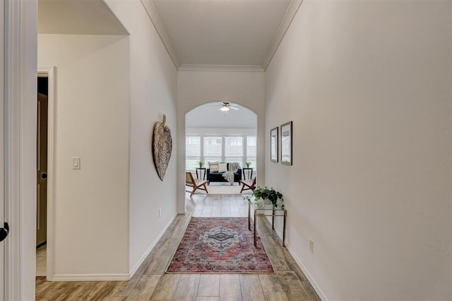 corridor with light hardwood / wood-style flooring and ornamental molding