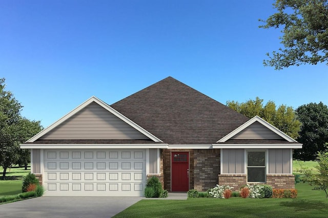 exterior space with an attached garage, driveway, a front lawn, and board and batten siding