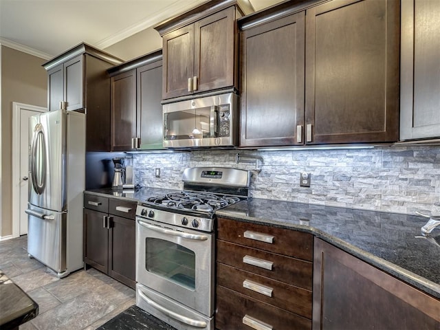 kitchen featuring stone tile flooring, decorative backsplash, appliances with stainless steel finishes, ornamental molding, and dark brown cabinets