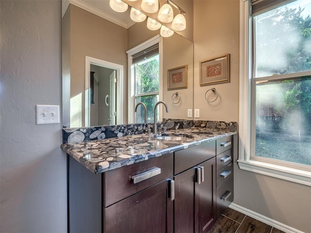 bathroom with ornamental molding, wood finished floors, vanity, and baseboards