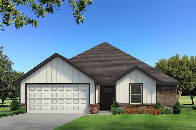 view of front of property with brick siding, an attached garage, board and batten siding, driveway, and a front lawn