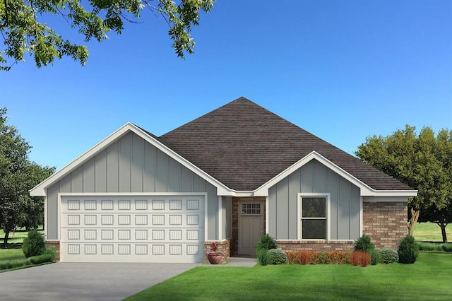 single story home featuring concrete driveway, roof with shingles, an attached garage, a front lawn, and board and batten siding