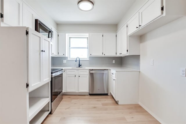 kitchen featuring white cabinetry, sink, backsplash, stainless steel appliances, and light wood-type flooring