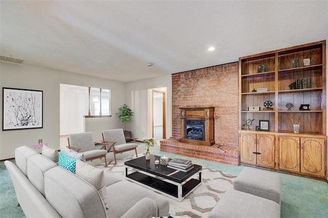 living room featuring a textured ceiling, light colored carpet, and a brick fireplace