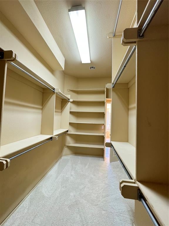 walk in closet with light colored carpet