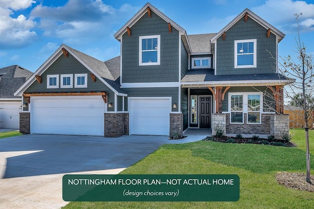 craftsman-style home with a garage and a front lawn