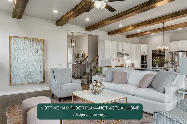 living room with beamed ceiling, hardwood / wood-style floors, and ceiling fan