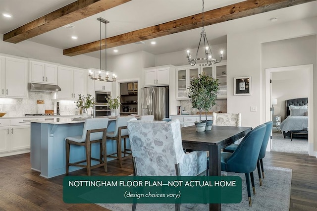 dining space featuring beam ceiling, dark wood-type flooring, and a chandelier