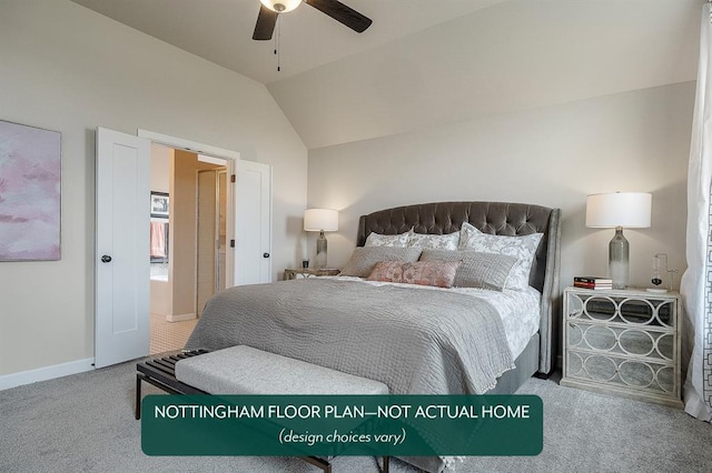 bedroom featuring carpet flooring, ceiling fan, and vaulted ceiling