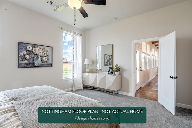 bedroom featuring carpet floors and ceiling fan