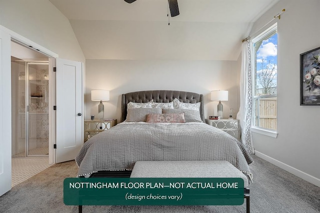 bedroom with ceiling fan, lofted ceiling, carpet floors, and connected bathroom