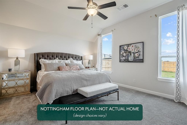 bedroom with carpet floors, vaulted ceiling, and ceiling fan