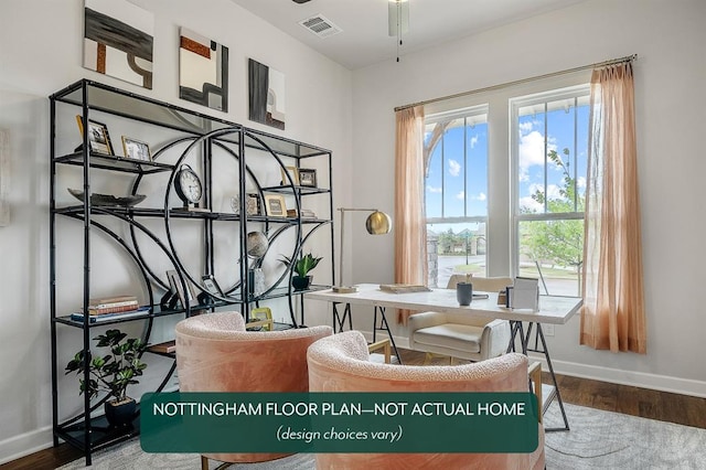 living area with ceiling fan and wood-type flooring