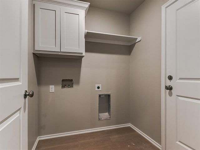 laundry area with washer hookup, dark wood-style flooring, cabinet space, hookup for an electric dryer, and baseboards