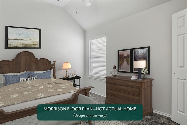 bedroom with ceiling fan, carpet floors, and vaulted ceiling