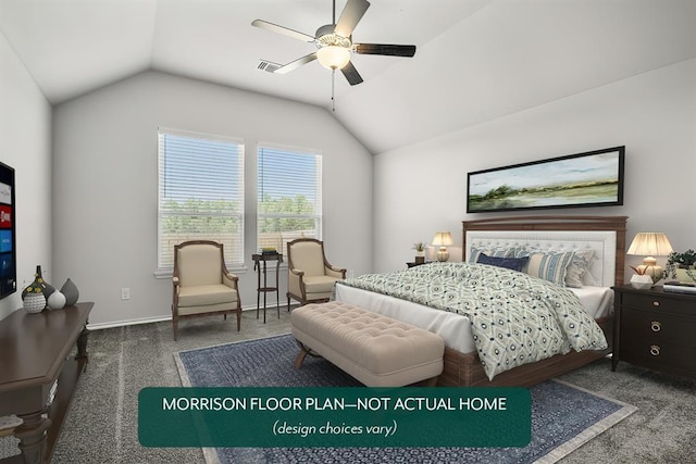 bedroom with ceiling fan, dark carpet, and vaulted ceiling