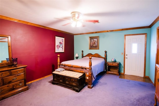 bedroom featuring carpet flooring, ceiling fan, and ornamental molding