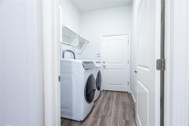 washroom featuring wood-type flooring and washing machine and dryer