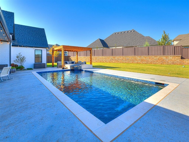 view of pool featuring a pergola, a yard, and a patio area