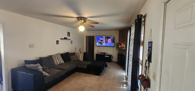 living room featuring ceiling fan and light carpet