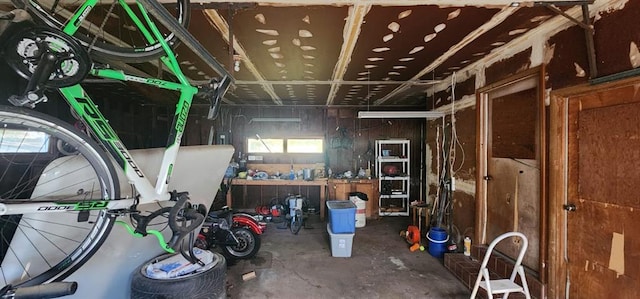 garage with a workshop area