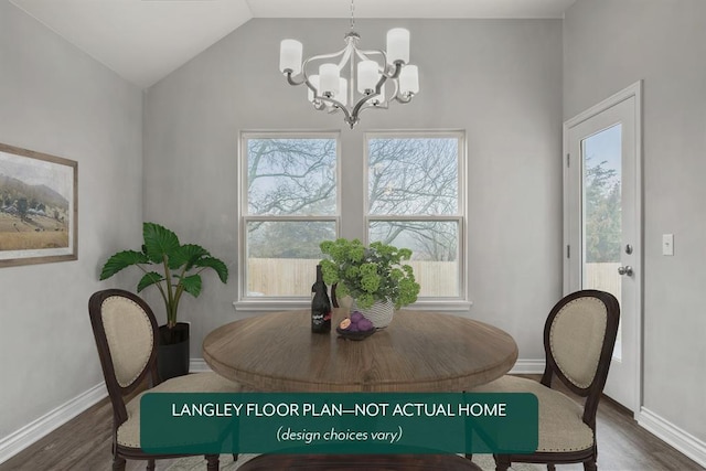 dining area featuring lofted ceiling, dark hardwood / wood-style floors, and a notable chandelier