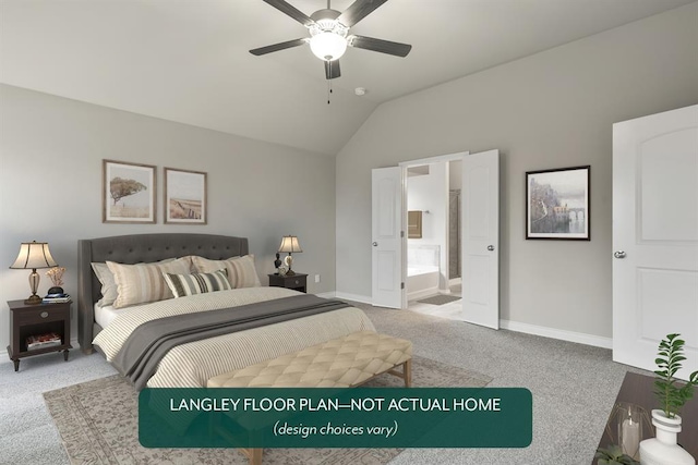 bedroom featuring carpet, ceiling fan, ensuite bath, and vaulted ceiling