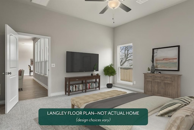 bedroom with carpet floors and ceiling fan