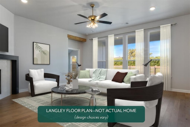 living room with a fireplace, wood finished floors, and recessed lighting