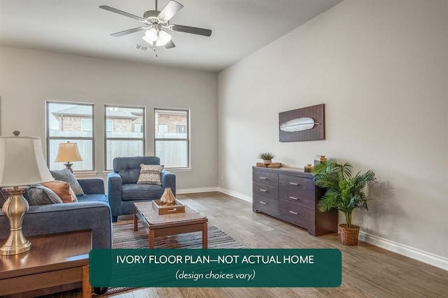 living room featuring ceiling fan, a healthy amount of sunlight, and hardwood / wood-style flooring