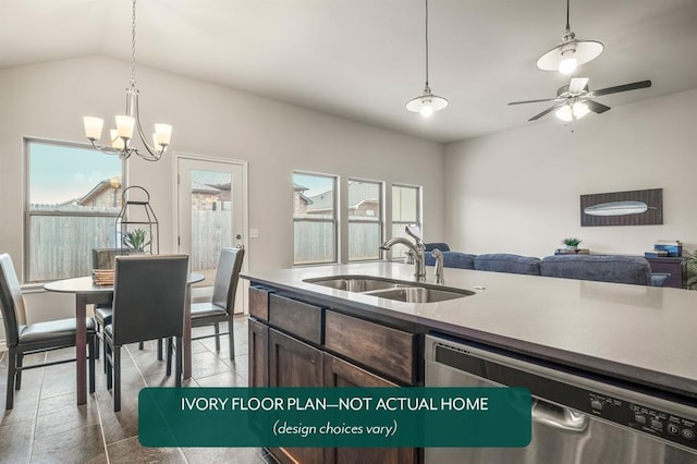 kitchen with vaulted ceiling, dishwasher, decorative light fixtures, and sink