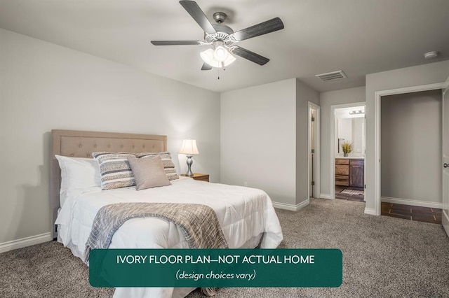 bedroom with carpet flooring, ceiling fan, and connected bathroom