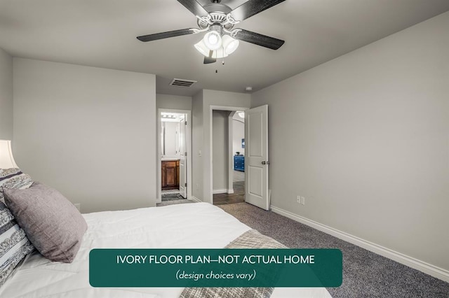 carpeted bedroom with ceiling fan and ensuite bathroom