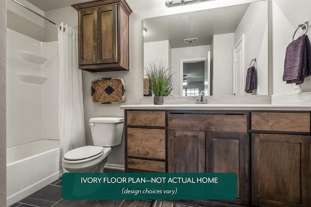 full bathroom featuring ceiling fan, tile patterned floors, shower / bath combination with curtain, toilet, and vanity