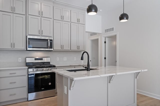 kitchen featuring sink, a kitchen island with sink, pendant lighting, and appliances with stainless steel finishes