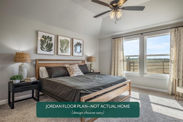 carpeted bedroom with ceiling fan and lofted ceiling