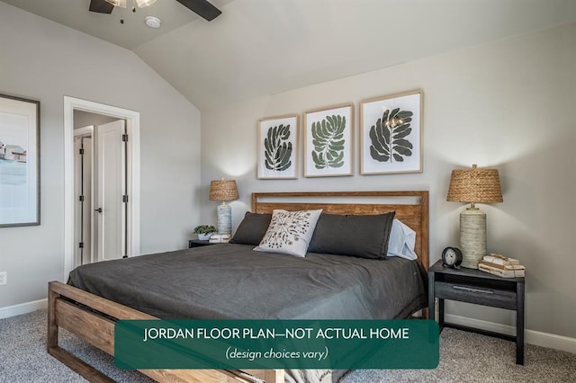 bedroom with ceiling fan, carpet, and lofted ceiling