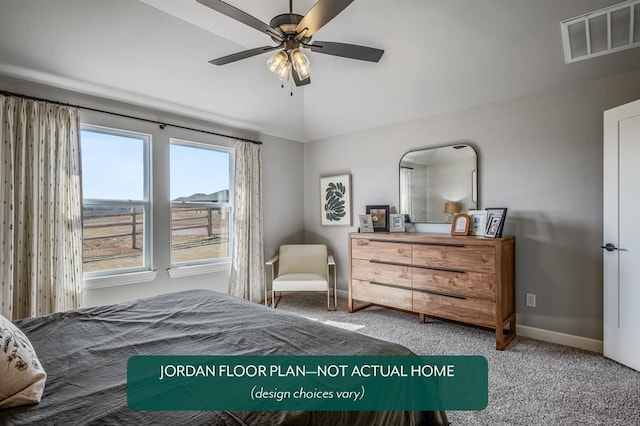 carpeted bedroom featuring ceiling fan and vaulted ceiling