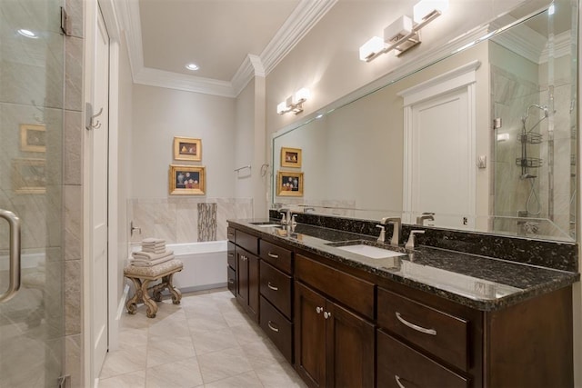 bathroom with tile patterned flooring, vanity, an enclosed shower, and ornamental molding