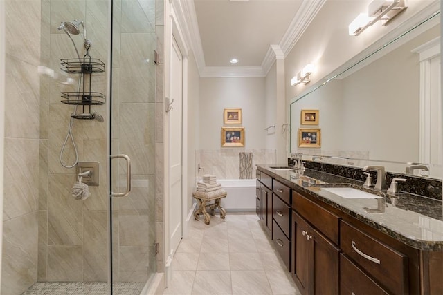 bathroom with separate shower and tub, tile patterned flooring, vanity, and ornamental molding