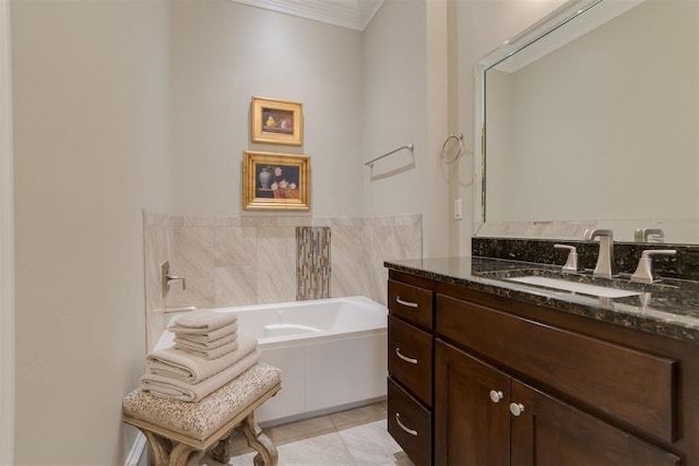 bathroom with a bathing tub, crown molding, tile patterned flooring, and vanity