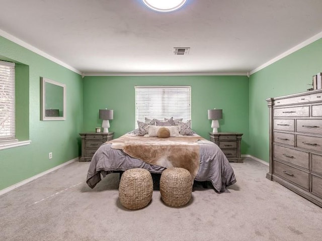 bedroom with light carpet and ornamental molding