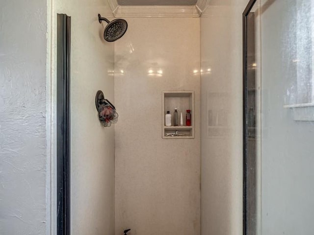 interior details with walk in shower and crown molding